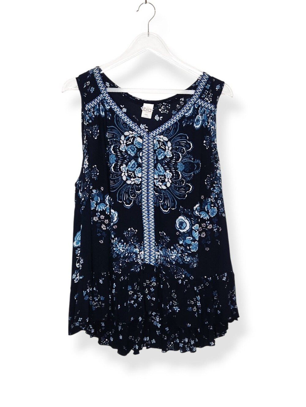 Bila Navy Floral Rayon Boho Sleeveless Top Light Blue & White Accents Size XXL